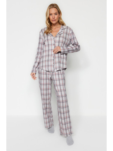 Trendyol Grey Multicoloured 100% Cotton Brushed Plaid Shirt-Pants Knitted Pajama Set