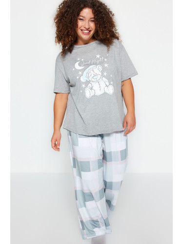 Trendyol Curve Gray Printed Checkered Knitted Pajamas Set