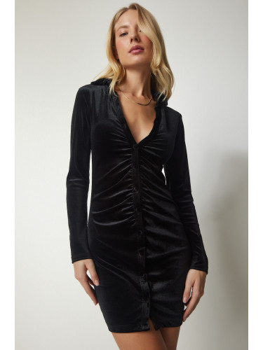 Щастие İstanbul Дамска черна плисирана мини кадифена рокля