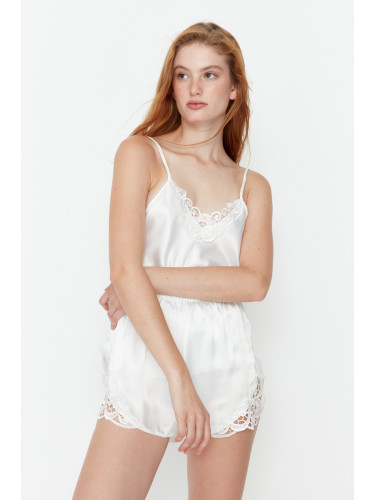 Trendyol Ecru Lace Detailed Rope Strap Satin Woven Pajama Set