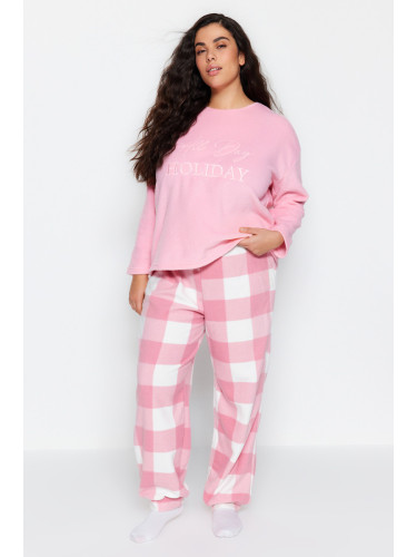 Trendyol Curve Pink Embroidery Detail Plaid/Checked Fleece Knitted Pajamas Set