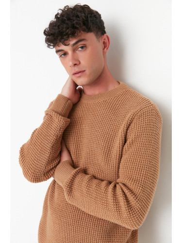 Trendyol Camel Regular Fit Woolen Crew Neck Textured Basic Knitwear Sweater