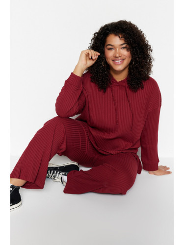 Trendyol Curve Claret Red Hooded Collar Relaxed Fit Knitted Camisole Plus Size Top-Bottom Set