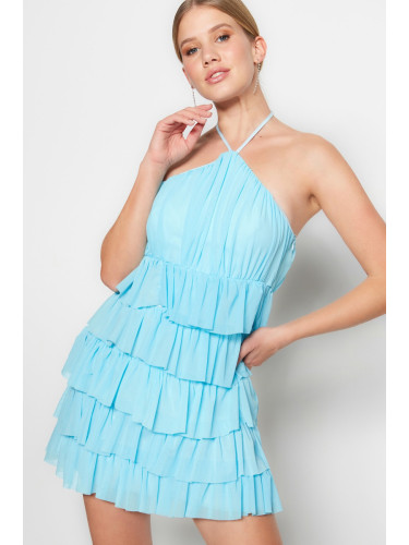Trendyol светло синьо отворена талия/скейтър облицована Flounce тюл вечерна рокля