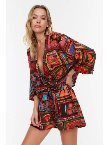 Trendyol Beach Wear Tropical Patterned Woven 100% Cotton Shirt Shorts Set