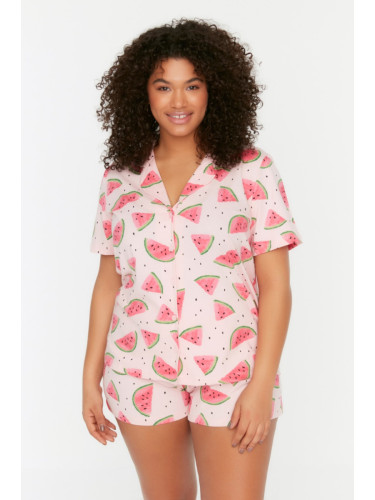 Trendyol Curve Powder Watermelon Patterned Shirt Collar Knitted Pajama Set