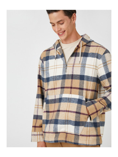 Koton Plaid Oversize Sweatshirt Hooded with Pocket Detail and Half Zipper