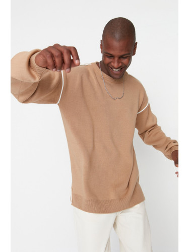 Trendyol Camel Oversize Crew Neck Piping Detailed Knitwear Sweater