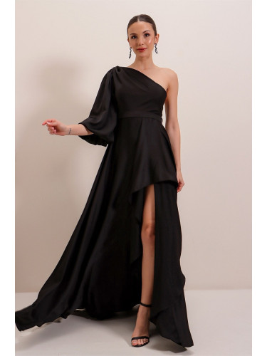 От Saygı Една ръкав креп сатен дълга рокля с волан отпред и подплатена черна