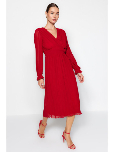 Trendyol червена плисирана облицована шифон тъкана рокля