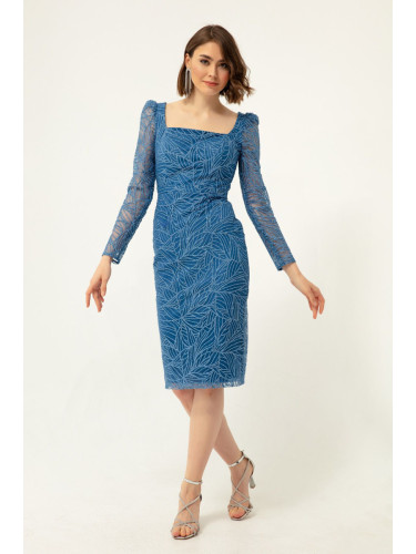 Lafaba Дамски индиго квадратна яка сребриста Midi вечерна рокля.