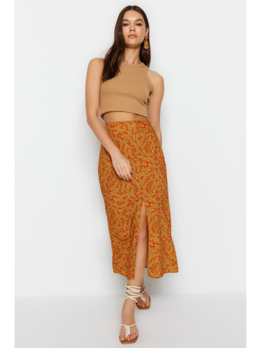 Trendyol Orange Ethnic Patterned Slit Detailed Midi Woven Skirt
