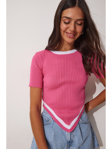 Happiness İstanbul Women's Pink Asymmetrical Cut Crop Knitwear Blouse