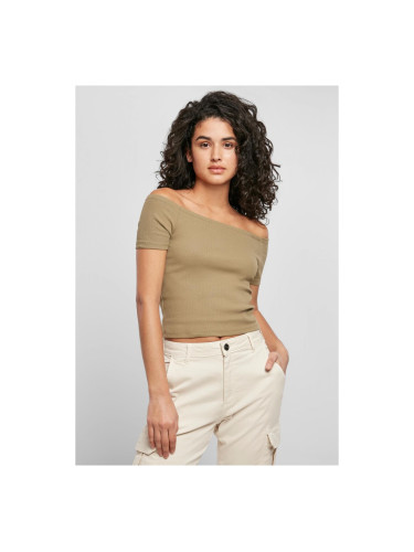Women's t-shirt in khaki color with a buttoned shoulder