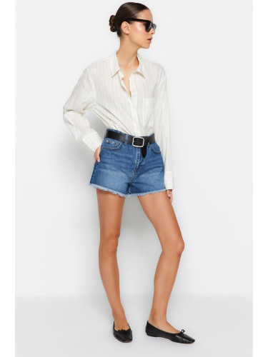 Trendyol Dark Blue Ripped High Waist Denim Shorts