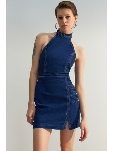 Trendyol лимитирана серия тъмно син бутон подробни мини дънкова рокля