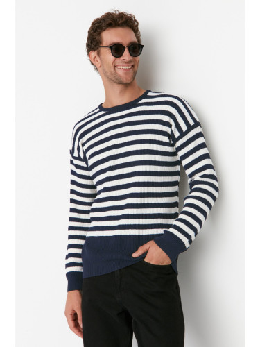 Trendyol Indigo Crew Neck Oversize Striped Knitwear Sweater