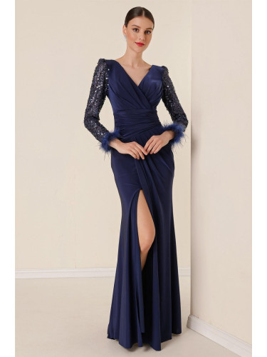 By Saygı Double Breasted Collar Front Draped Sleeves Pulp Feather Detailed Lined Lycra Long Dress Navy Blue