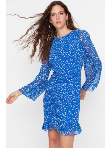 Trendyol лимитирана серия синьо мини тъкани събрани шифон флорални тъкани рокля