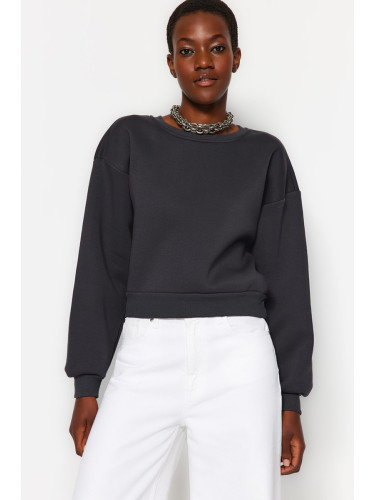 Trendyol Anthracite Comfort Fit Crop Basic Crew Neck Thick Fleece Knitted Sweatshirt
