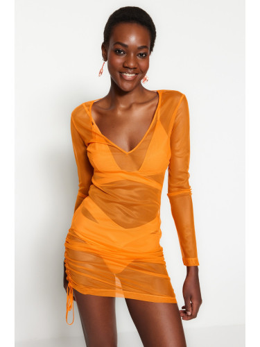 Trendyol оранжево монтирани мини тъкани плисирани окото плажна рокля