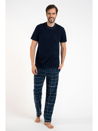 Men's pyjamas Ruben, short sleeves, long trousers - navy blue/print