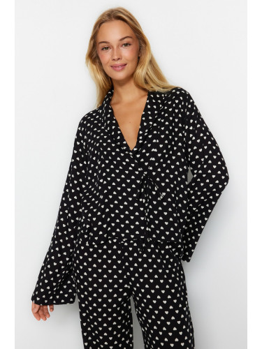 Trendyol Black Heart Patterned Lace-Up Detailed Viscose Woven Pajamas Set