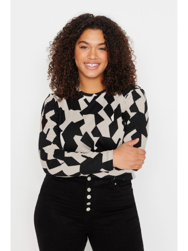 Trendyol Curve Multicolored Patterned Bodycone/Fits Body Ribbed Knit Plus Size Blouse