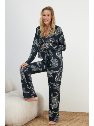 Trendyol Anthracite Tiger Patterned Viscose Woven Pajamas Set