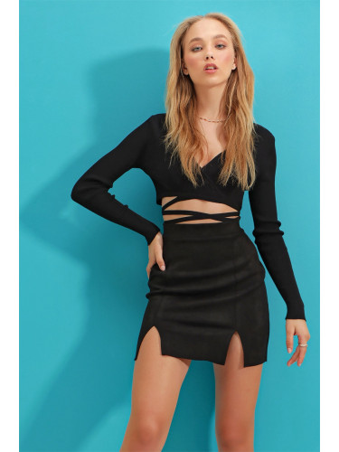 Trend Alaçatı Stili Women's Black Double Slit Suede Mini Skirt