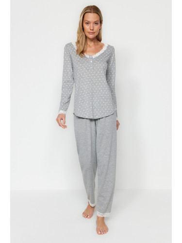 Trendyol Gray Polka Dot Lace Detailed Tshirt-Pants Knitted Pajama Set