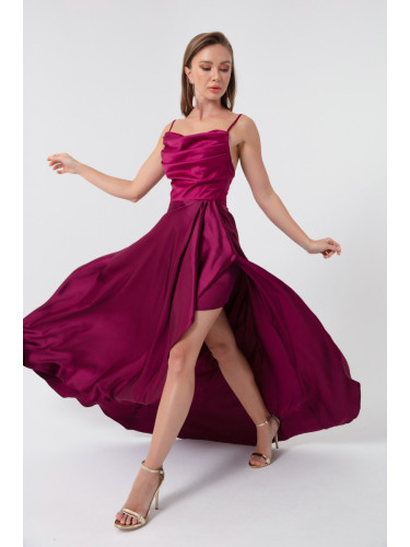 Lafaba Дамска сливова вечерна рокля с цепка сатенена вечерна рокля & Абитуриентски бал.