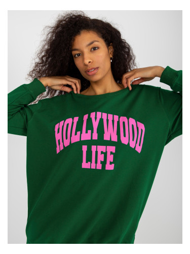 Dark green and pink oversize long sweatshirt with slogan