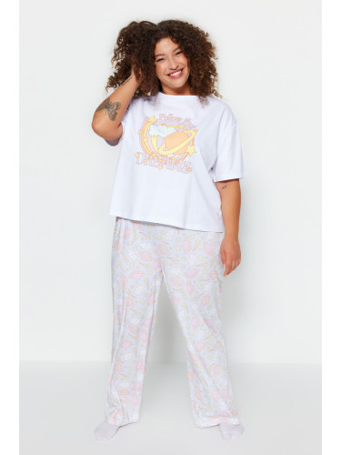 Trendyol Curve Pink Printed Knitted Pajama Set