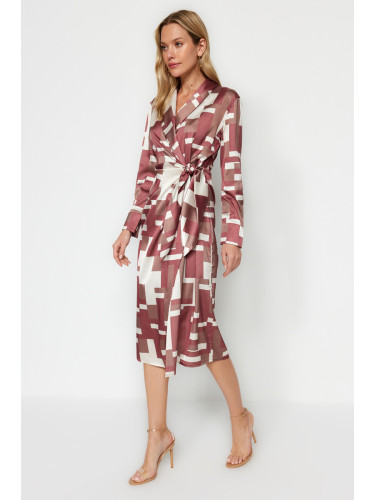 Trendyol кафяв опаковани Midi тъкани вратовръзка подробни геометрични шарени тъкани рокля