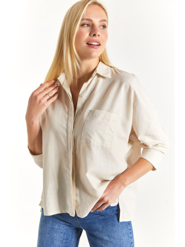 armonika Women's Light Beige Loose Linen Shirt with Pockets