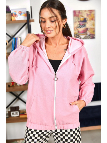 armonika Women's Pink Hooded Zipper Oversize Sweatshirt