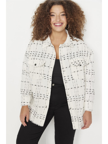 Trendyol Curve White Tweed Long Sleeve Winter Woven Plus Size Shirt/Jacket