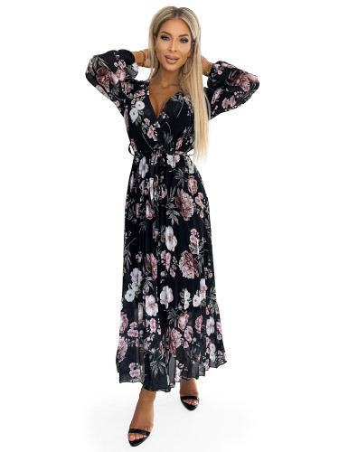 502-1 Pleated midi dress with a neckline, long sleeves and a tie at the waist - black with pink flowers