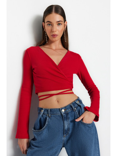 Trendyol Red Ribbed Fitted Long Sleeve Double Breasted Crop Cotton Stretch Knitted Blouse