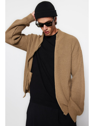 Trendyol Men's Mink Regular Fit Zippered Pocket Basic Anti-pilling Knitwear Cardigan