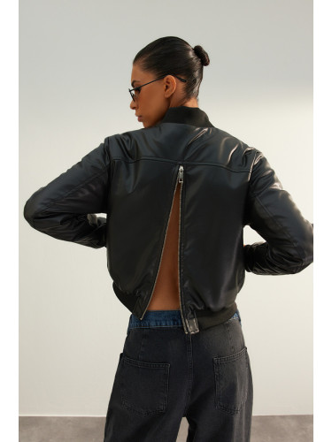 Trendyol лимитирана серия черен премия извънгабаритни цип изкуствена кожа палто