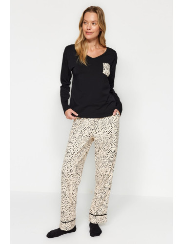 Trendyol Black 100% Cotton Multi Color Leopard Patterned Tshirt-Pants Knitted Pajamas Set