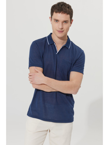 ALTINYILDIZ CLASSICS Мъжка тъмно синя Slim Fit Slim Fit Polo Neck Linen-Looking тениска с джобове и къс ръкав.