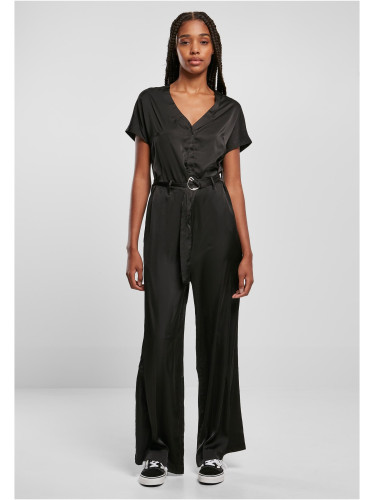 Women's satin jumpsuit with a wide belt in black