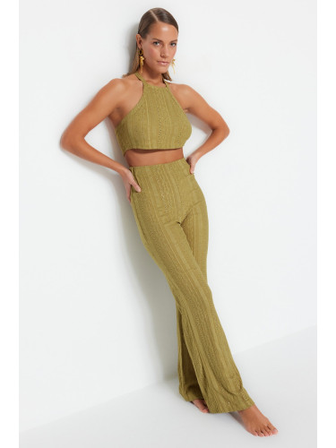 Trendyol Khaki Knitted Textured Crop Blouse Trousers Beach Set