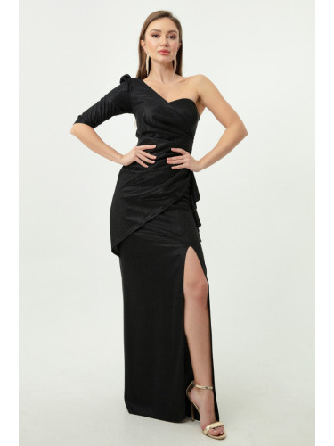 Lafaba Дамска черна едноръкавна блестяща дълга вечерна рокля