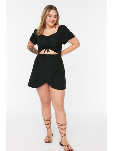 Trendyol крива черна тъкат рокля с къдрици и силует детайл