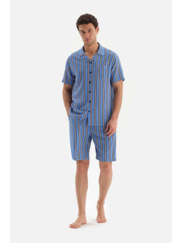 Dagi Blue Shirt Collar Striped Shorts Woven Pajamas Set