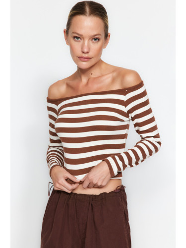 Trendyol Brown With Soft Fabric Striped Carmen Collar Fitted/Slippery Knitted Blouse
